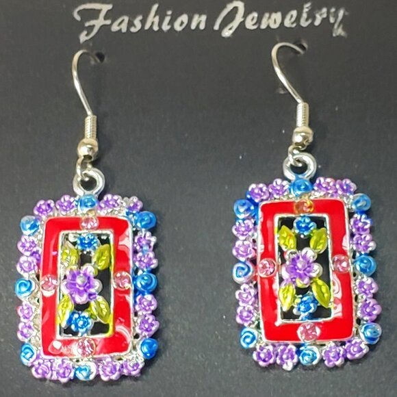 Red - Crystal Floral Drop Earrings – Silver-Tone Statement Jewelry 2-inch - Picture 3 of 7